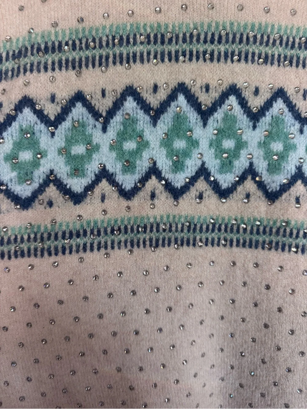 Crystal-embellished Fair Isle cardigan sweater in Supersoft yarn